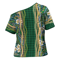 Hawaiian Art Flower Tribal with Lei Cross Shoulder Shirt Palaka Pattern Green Color - Polynesian Pride