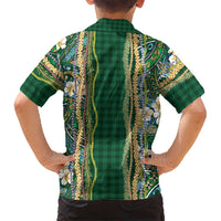Hawaiian Art Flower Tribal with Lei Family Matching Long Sleeve Bodycon Dress and Hawaiian Shirt Palaka Pattern Green Color - Polynesian Pride