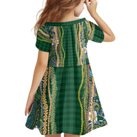 Hawaiian Art Flower Tribal with Lei Family Matching Long Sleeve Bodycon Dress and Hawaiian Shirt Palaka Pattern Green Color - Polynesian Pride