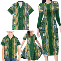Hawaiian Art Flower Tribal with Lei Family Matching Long Sleeve Bodycon Dress and Hawaiian Shirt Palaka Pattern Green Color - Polynesian Pride