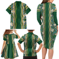 Hawaiian Art Flower Tribal with Lei Family Matching Long Sleeve Bodycon Dress and Hawaiian Shirt Palaka Pattern Green Color - Polynesian Pride