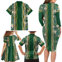 Hawaiian Art Flower Tribal with Lei Family Matching Long Sleeve Bodycon Dress and Hawaiian Shirt Palaka Pattern Green Color - Polynesian Pride