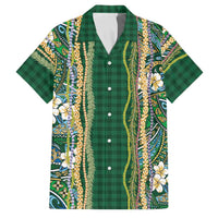 Hawaiian Art Flower Tribal with Lei Family Matching Long Sleeve Bodycon Dress and Hawaiian Shirt Palaka Pattern Green Color - Polynesian Pride
