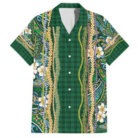 Hawaiian Art Flower Tribal with Lei Family Matching Long Sleeve Bodycon Dress and Hawaiian Shirt Palaka Pattern Green Color - Polynesian Pride