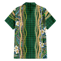 Hawaiian Art Flower Tribal with Lei Family Matching Long Sleeve Bodycon Dress and Hawaiian Shirt Palaka Pattern Green Color - Polynesian Pride