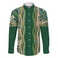 Hawaiian Art Flower Tribal with Lei Family Matching Long Sleeve Bodycon Dress and Hawaiian Shirt Palaka Pattern Green Color - Polynesian Pride