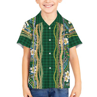 Hawaiian Art Flower Tribal with Lei Family Matching Long Sleeve Bodycon Dress and Hawaiian Shirt Palaka Pattern Green Color - Polynesian Pride