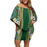 Hawaiian Art Flower Tribal with Lei Family Matching Off Shoulder Short Dress and Hawaiian Shirt Palaka Pattern Green Color - Polynesian Pride