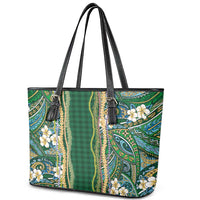 Hawaiian Art Flower Tribal with Lei Leather Tote Bag Palaka Pattern Green Color - Polynesian Pride
