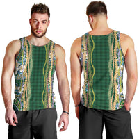 Hawaiian Art Flower Tribal with Lei Men Tank Top Palaka Pattern Green Color - Polynesian Pride