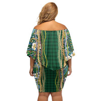 Hawaiian Art Flower Tribal with Lei Off Shoulder Short Dress Palaka Pattern Green Color - Polynesian Pride