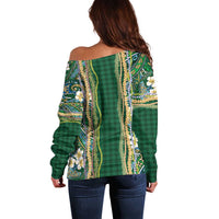 Hawaiian Art Flower Tribal with Lei Off Shoulder Sweater Palaka Pattern Green Color LT03 - Polynesian Pride