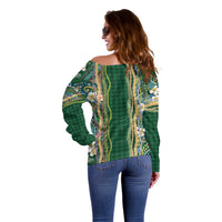 Hawaiian Art Flower Tribal with Lei Off Shoulder Sweater Palaka Pattern Green Color LT03 - Polynesian Pride