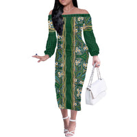 Hawaiian Art Flower Tribal with Lei Off The Shoulder Long Sleeve Dress Palaka Pattern Green Color - Polynesian Pride