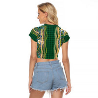 Hawaiian Art Flower Tribal with Lei Raglan Cropped T Shirt Palaka Pattern Green Color - Polynesian Pride