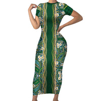 Hawaiian Art Flower Tribal with Lei Short Sleeve Bodycon Dress Palaka Pattern Green Color - Polynesian Pride