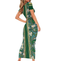 Hawaiian Art Flower Tribal with Lei Short Sleeve Bodycon Dress Palaka Pattern Green Color - Polynesian Pride