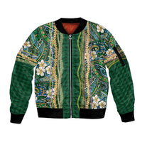 Hawaiian Art Flower Tribal with Lei Sleeve Zip Bomber Jacket Palaka Pattern Green Color - Polynesian Pride