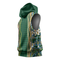 Hawaiian Art Flower Tribal with Lei Sleeveless Hoodie Palaka Pattern Green Color - Polynesian Pride