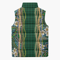 Hawaiian Art Flower Tribal with Lei Sleeveless Puffer Jacket Palaka Pattern Green Color - Polynesian Pride