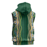 Hawaiian Art Flower Tribal with Lei Sleeveless Zip Hoodie Palaka Pattern Green Color - Polynesian Pride