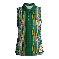Hawaiian Art Flower Tribal with Lei Women Sleeveless Polo Shirt Palaka Pattern Green Color - Polynesian Pride
