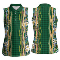 Hawaiian Art Flower Tribal with Lei Women Sleeveless Polo Shirt Palaka Pattern Green Color - Polynesian Pride
