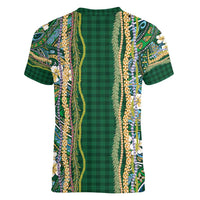 Hawaiian Art Flower Tribal with Lei Women V-Neck T-Shirt Palaka Pattern Green Color - Polynesian Pride