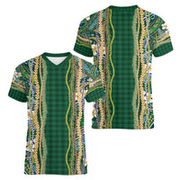 Hawaiian Art Flower Tribal with Lei Women V-Neck T-Shirt Palaka Pattern Green Color - Polynesian Pride