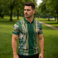 Hawaiian Art Flower Tribal with Lei Zipper Polo Shirt Palaka Pattern Green Color - Polynesian Pride