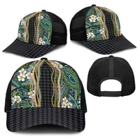 Hawaiian Art Flower Tribal with Lei Baseball Net Cap Palaka Pattern Black Color - Polynesian Pride