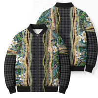 Hawaiian Art Flower Tribal with Lei Bomber Puffer Jacket Palaka Pattern Black Color - Polynesian Pride
