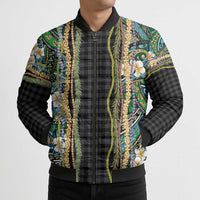 Hawaiian Art Flower Tribal with Lei Bomber Puffer Jacket Palaka Pattern Black Color - Polynesian Pride