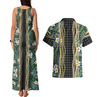Hawaiian Art Flower Tribal with Lei Couples Matching Tank Maxi Dress and Hawaiian Shirt Palaka Pattern Black Color - Polynesian Pride
