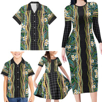 Hawaiian Art Flower Tribal with Lei Family Matching Long Sleeve Bodycon Dress and Hawaiian Shirt Palaka Pattern Black Color - Polynesian Pride