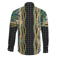 Hawaiian Art Flower Tribal with Lei Family Matching Long Sleeve Bodycon Dress and Hawaiian Shirt Palaka Pattern Black Color LT03 - Polynesian Pride