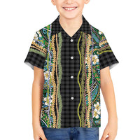 Hawaiian Art Flower Tribal with Lei Family Matching Long Sleeve Bodycon Dress and Hawaiian Shirt Palaka Pattern Black Color LT03 Son's Shirt Black - Polynesian Pride
