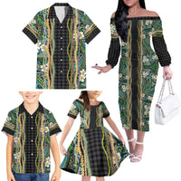Hawaiian Art Flower Tribal with Lei Family Matching Off The Shoulder Long Sleeve Dress and Hawaiian Shirt Palaka Pattern Black Color - Polynesian Pride