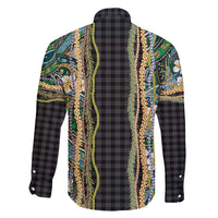 Hawaiian Art Flower Tribal with Lei Family Matching Off Shoulder Short Dress and Hawaiian Shirt Palaka Pattern Black Color - Polynesian Pride