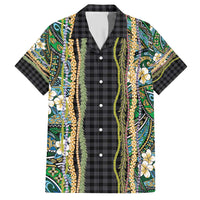 Hawaiian Art Flower Tribal with Lei Family Matching Short Sleeve Bodycon Dress and Hawaiian Shirt Palaka Pattern Black Color - Polynesian Pride