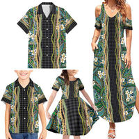 Hawaiian Art Flower Tribal with Lei Family Matching Summer Maxi Dress and Hawaiian Shirt Palaka Pattern Black Color - Polynesian Pride