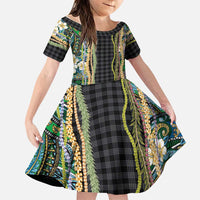 Hawaiian Art Flower Tribal with Lei Family Matching Tank Maxi Dress and Hawaiian Shirt Palaka Pattern Black Color LT03 Daughter's Dress Black - Polynesian Pride