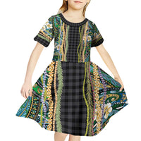 Hawaiian Art Flower Tribal with Lei Kid Short Sleeve Dress Palaka Pattern Black Color - Polynesian Pride