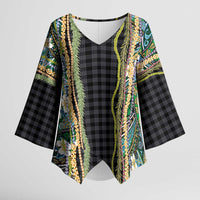 Hawaiian Art Flower Tribal with Lei Kimono Sleeve Blouse Palaka Pattern Black Color - Polynesian Pride