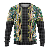 Hawaiian Art Flower Tribal with Lei Ugly Christmas Sweater Palaka Pattern Black Color - Polynesian Pride