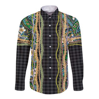Hawaiian Art Flower Tribal with Lei Long Sleeve Button Shirt Palaka Pattern Black Color - Polynesian Pride