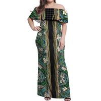 Hawaiian Art Flower Tribal with Lei Off Shoulder Maxi Dress Palaka Pattern Black Color - Polynesian Pride
