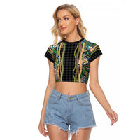 Hawaiian Art Flower Tribal with Lei Raglan Cropped T Shirt Palaka Pattern Black Color - Polynesian Pride