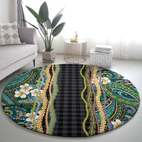 Hawaiian Art Flower Tribal with Lei Round Carpet Palaka Pattern Black Color - Polynesian Pride