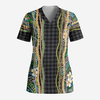 Hawaiian Art Flower Tribal with Lei Scrub Top Palaka Pattern Black Color - Polynesian Pride